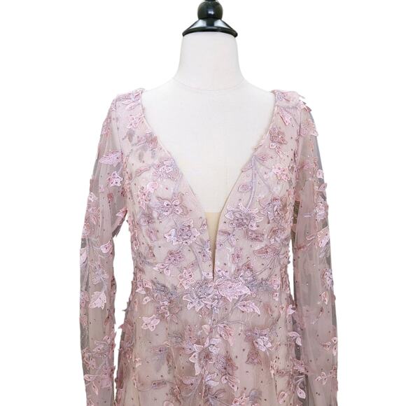 Mac Duggal 70224 Pink Floral Applique Long Sleeve Illusion Gown 10 - Picture 5 of 10